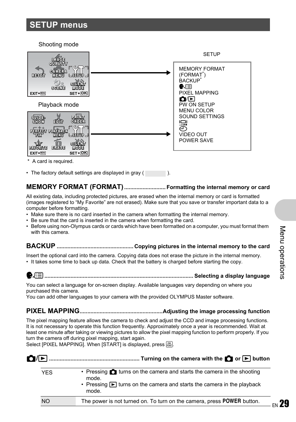 Setup menus, Formatting the internal memory or card, Selecting a display language | Adjusting the image processing function, Me nu opera tions, Backup, Pixel mapping, K / q, Playback mode shooting mode | Olympus FE-340 User Manual | Page 29 / 64