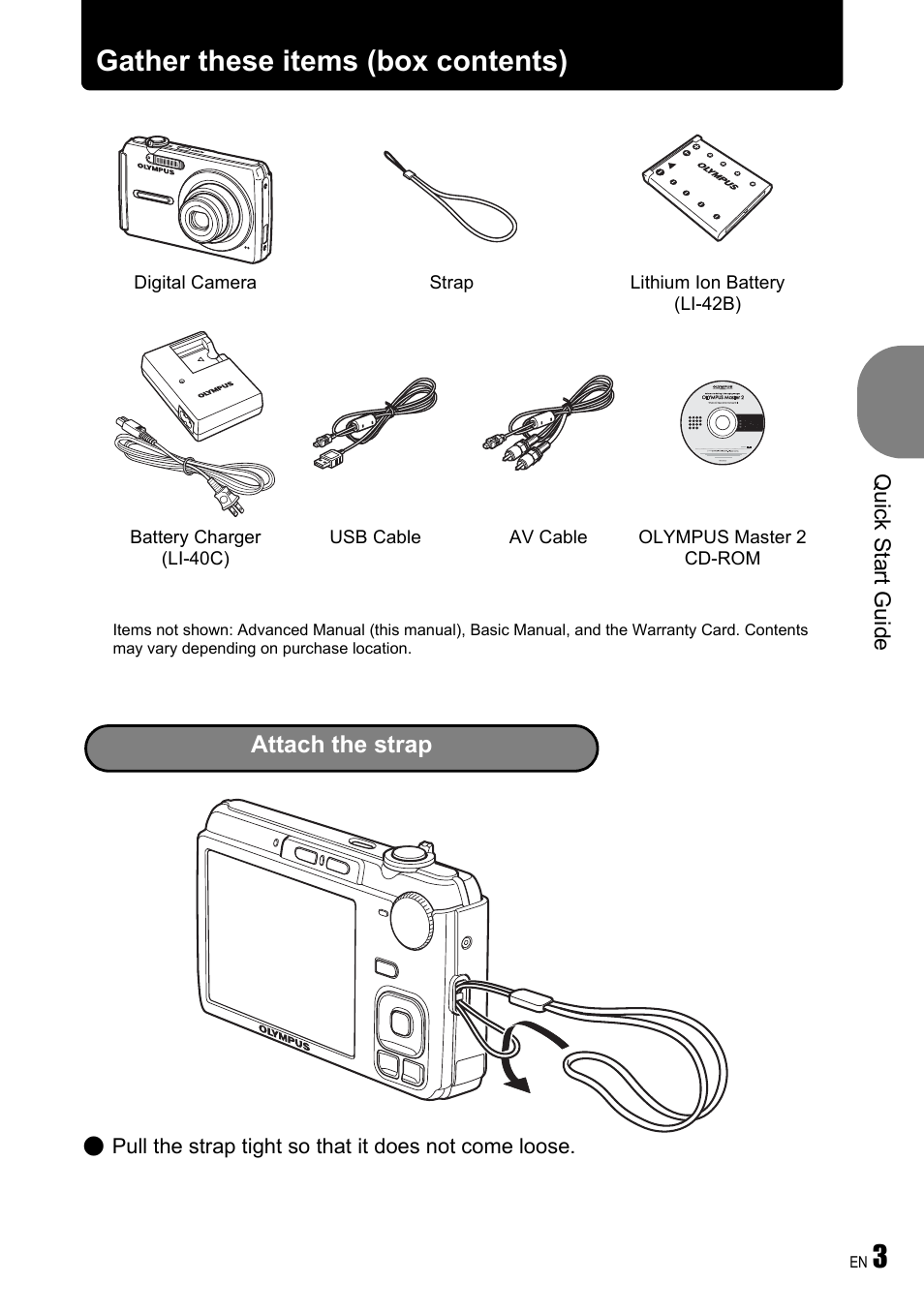 Quick start guide, Gather these items (box contents) | Olympus FE-340 User Manual | Page 3 / 64