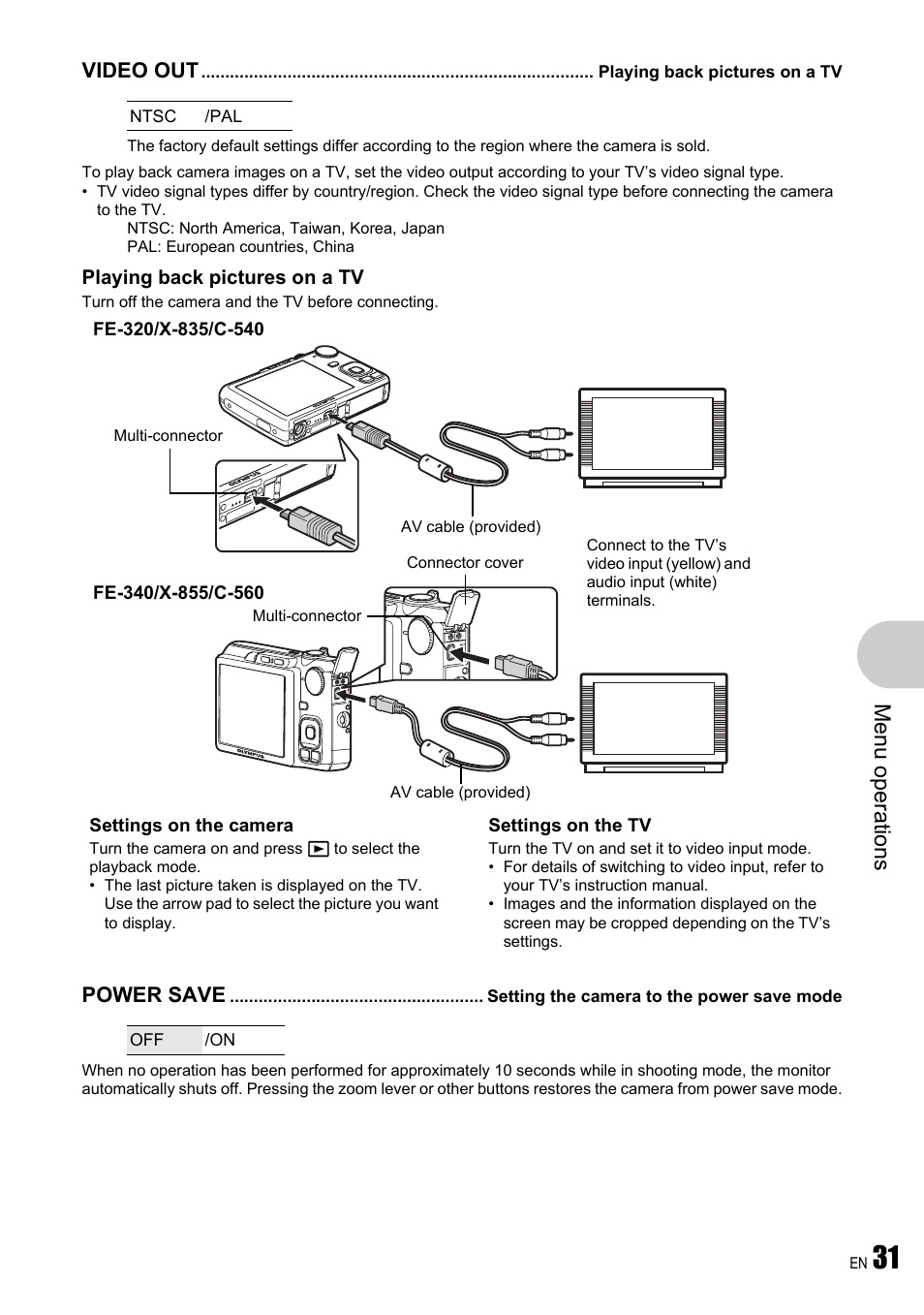Playing back pictures on a tv, Setting the camera to the power save mode, Me nu opera tions | Olympus FE-340 User Manual | Page 31 / 64
