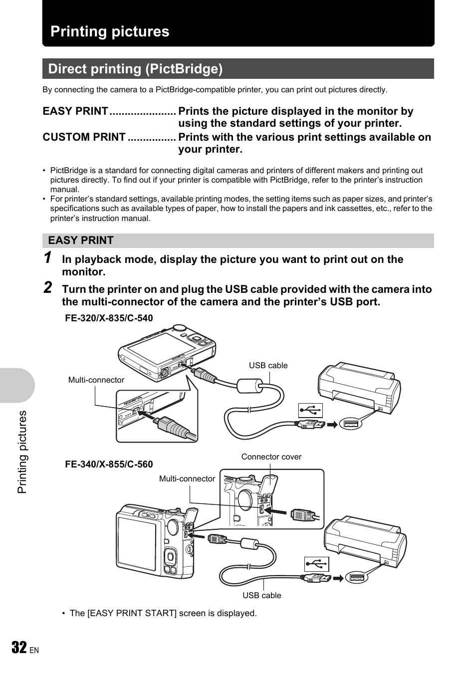 Printing pictures, Direct printing (pictbridge), Easy print | P. 32 | Olympus FE-340 User Manual | Page 32 / 64