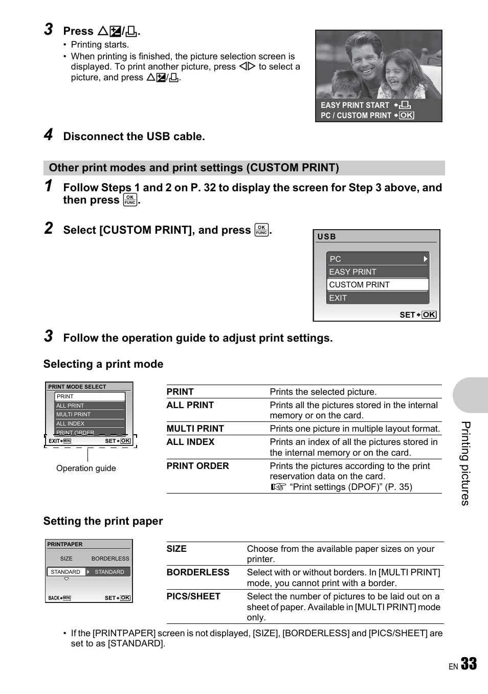 Pri n ting p ict ures, Press of, Disconnect the usb cable | Select [custom print], and press | Olympus FE-340 User Manual | Page 33 / 64