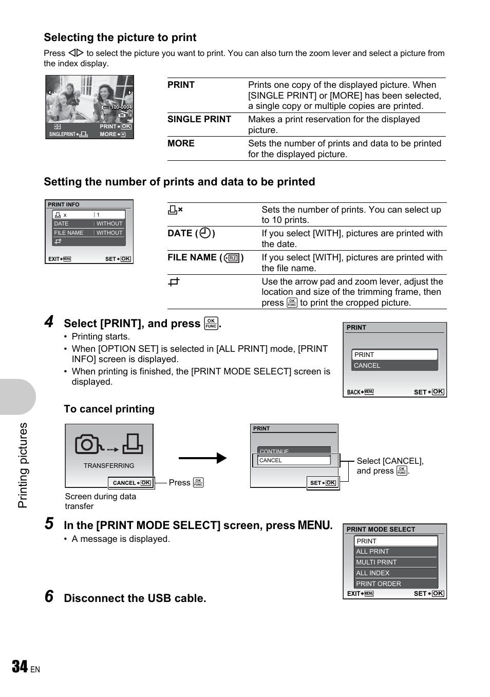 Pri n ting pi ct ures, Select [print], and press | Olympus FE-340 User Manual | Page 34 / 64