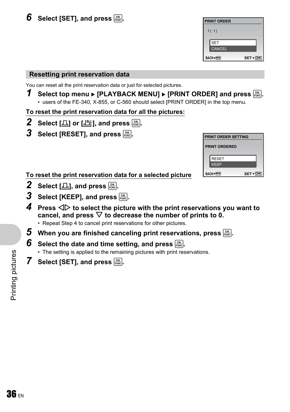 Resetting print reservation data | Olympus FE-340 User Manual | Page 36 / 64