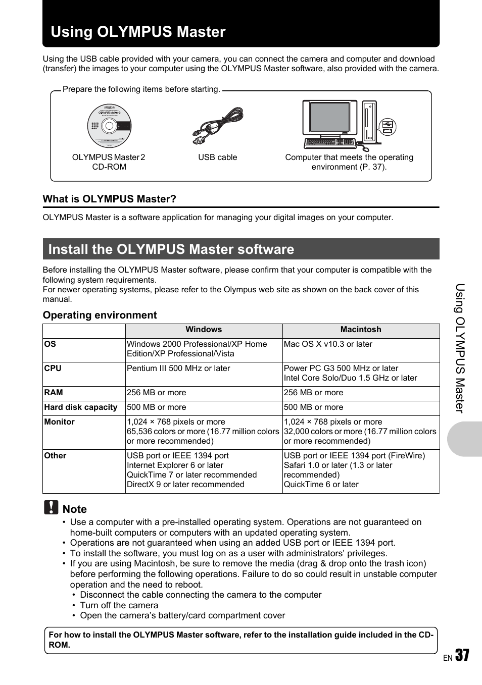 Using olympus master, Install the olympus master software, P. 37 | Usi ng oly m pu s mast er | Olympus FE-340 User Manual | Page 37 / 64