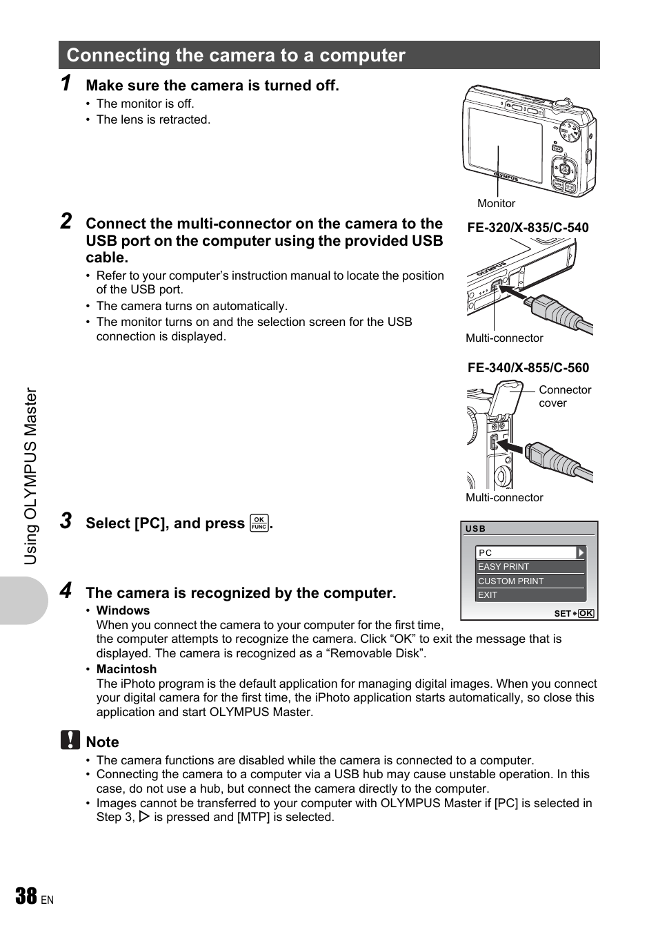 Connecting the camera to a computer, Usi ng olympus mast er | Olympus FE-340 User Manual | Page 38 / 64