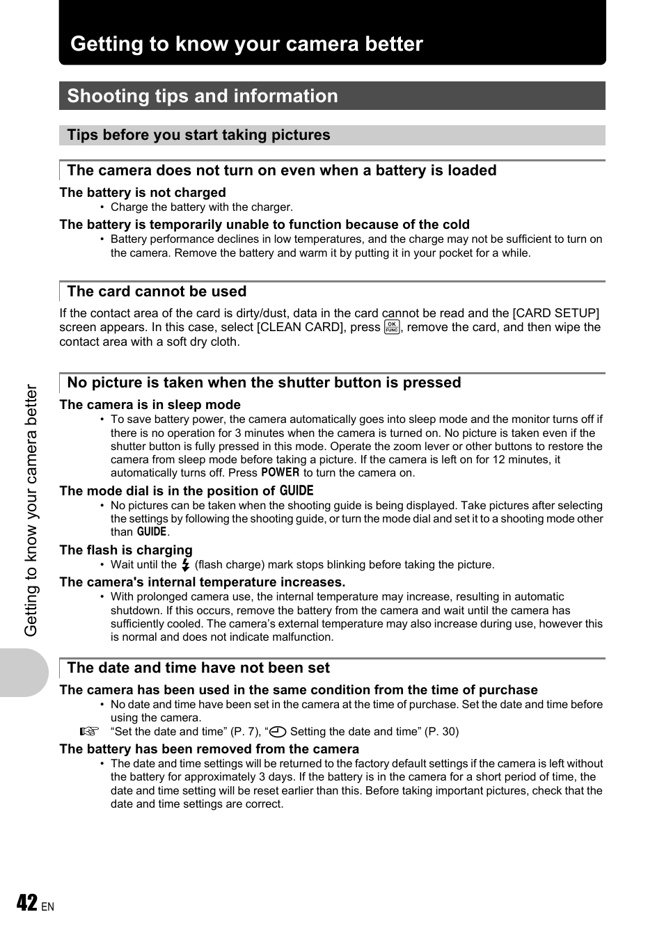 Getting to know your camera better, Shooting tips and information, Tips before you start taking pictures | The card cannot be used, The date and time have not been set, Getting to know your, Camera better, P. 42 | Olympus FE-340 User Manual | Page 42 / 64