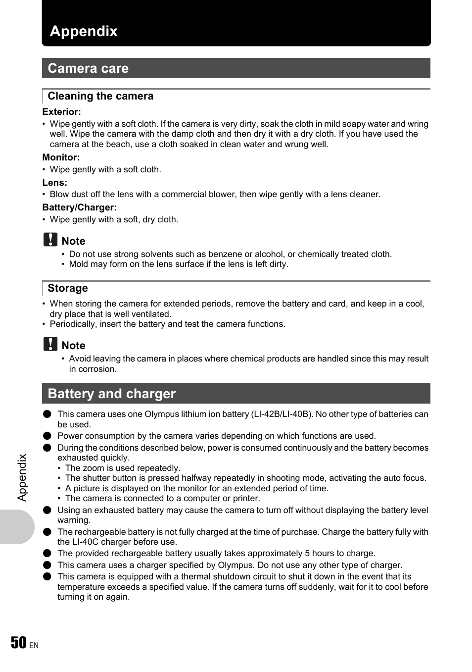 Appendix, Camera care, Battery and charger | P. 50, App endi x | Olympus FE-340 User Manual | Page 50 / 64