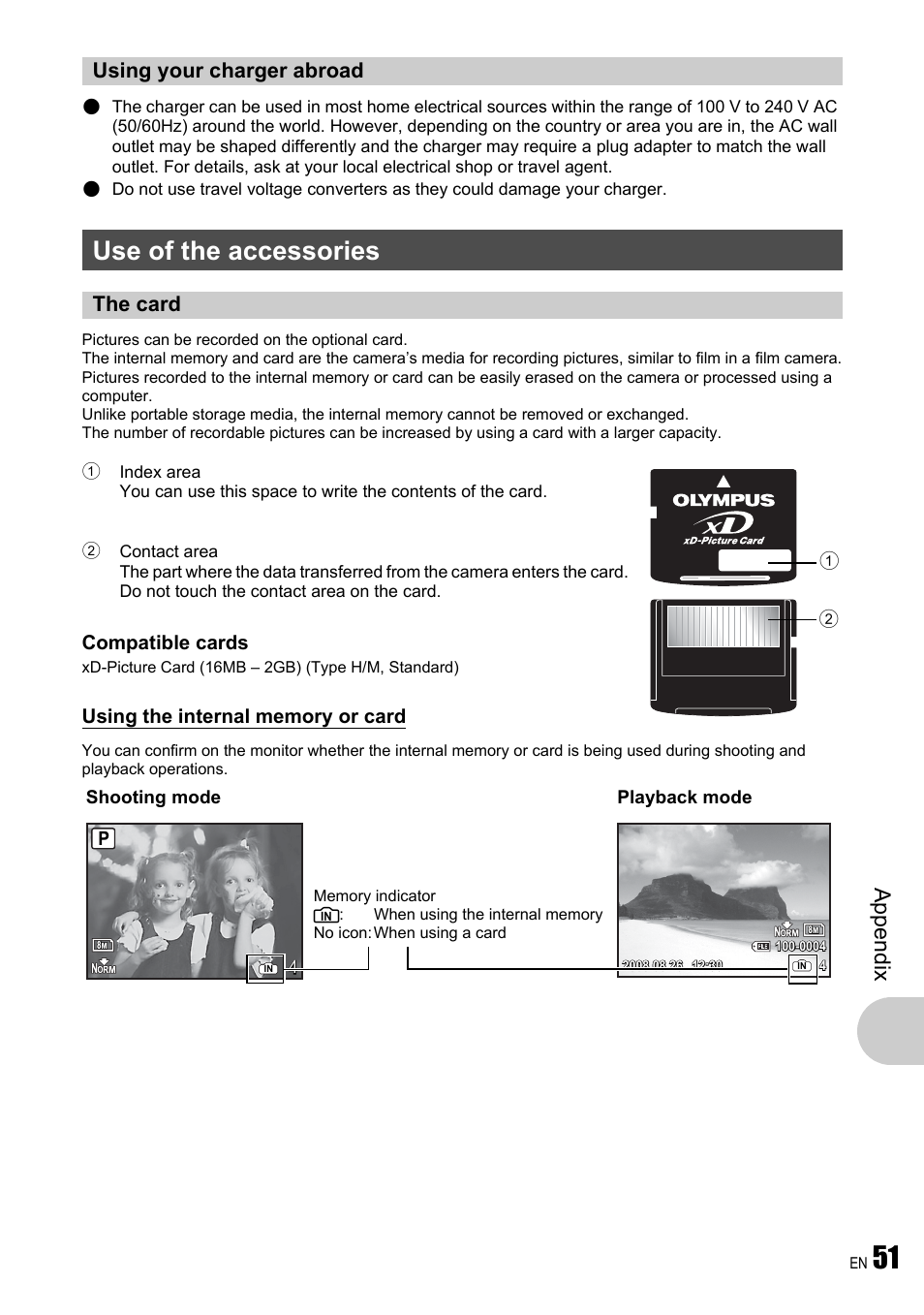 Using your charger abroad, Use of the accessories, The card | Ap pend ix, Compatible cards | Olympus FE-340 User Manual | Page 51 / 64