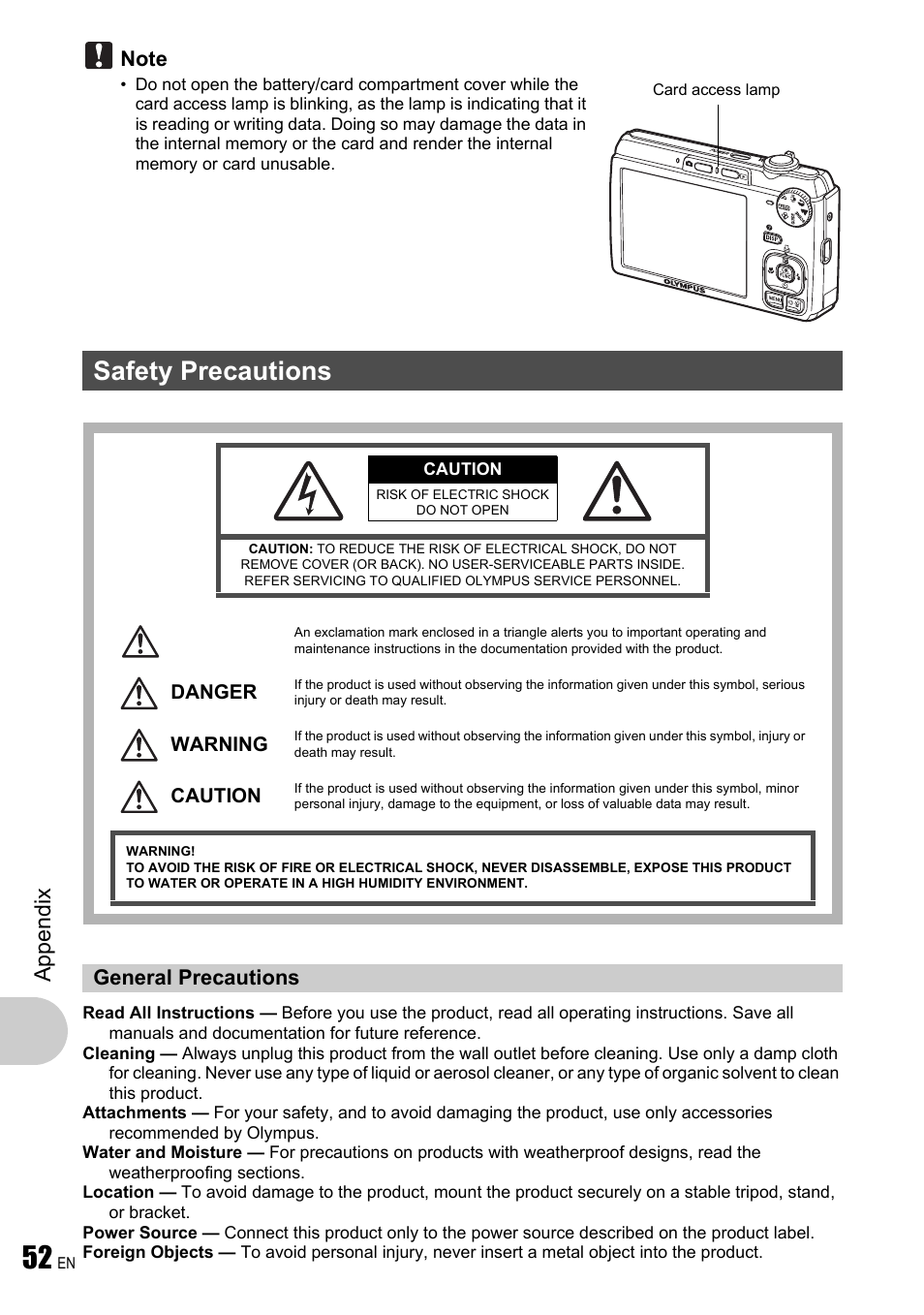 Safety precautions, General precautions, App endi x | Olympus FE-340 User Manual | Page 52 / 64