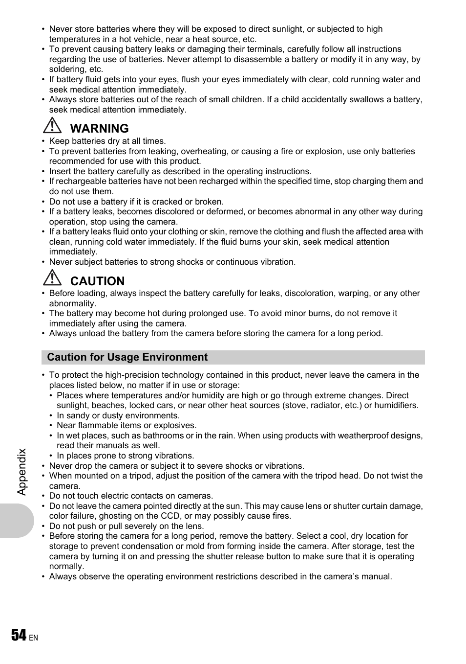Caution for usage environment, Warning, Caution | App endi x | Olympus FE-340 User Manual | Page 54 / 64
