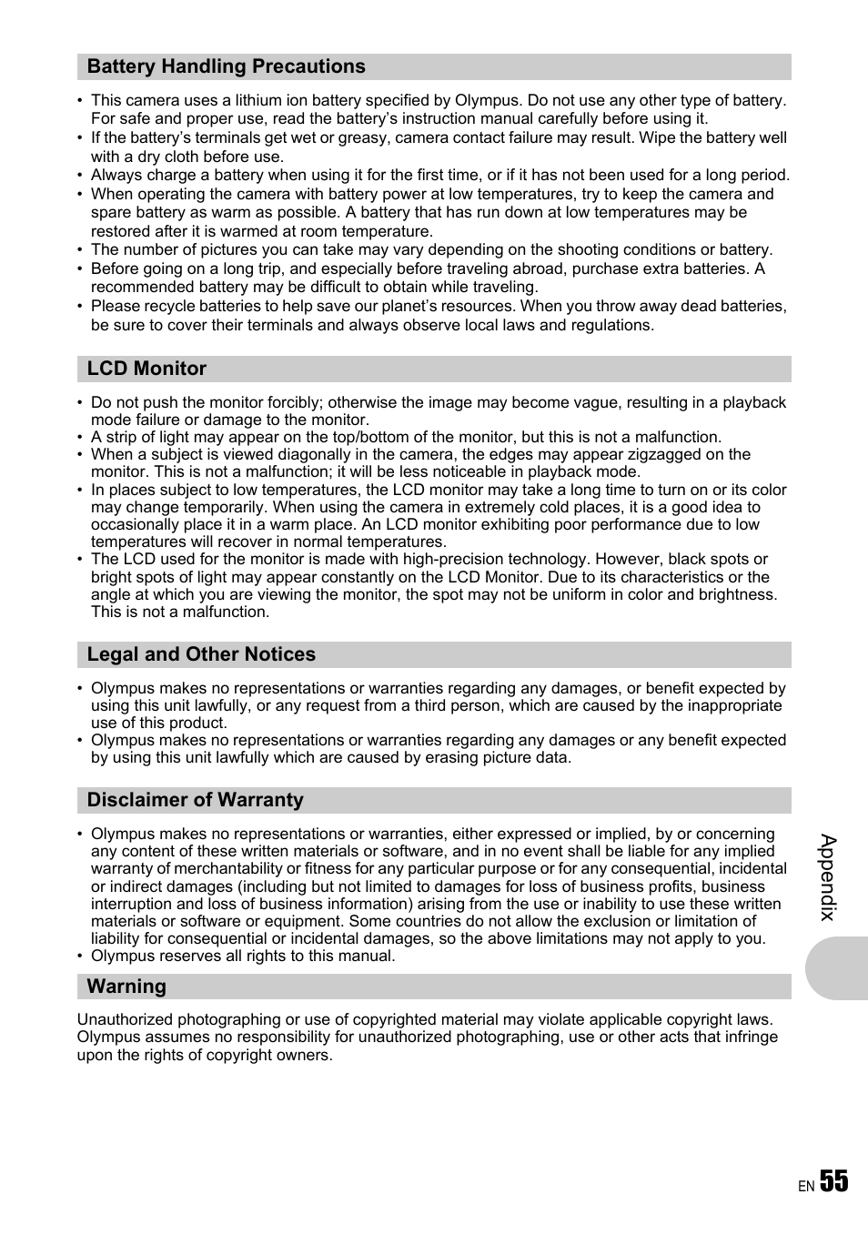 Battery handling precautions, Lcd monitor, Legal and other notices | Disclaimer of warranty, Warning, Ap pend ix | Olympus FE-340 User Manual | Page 55 / 64