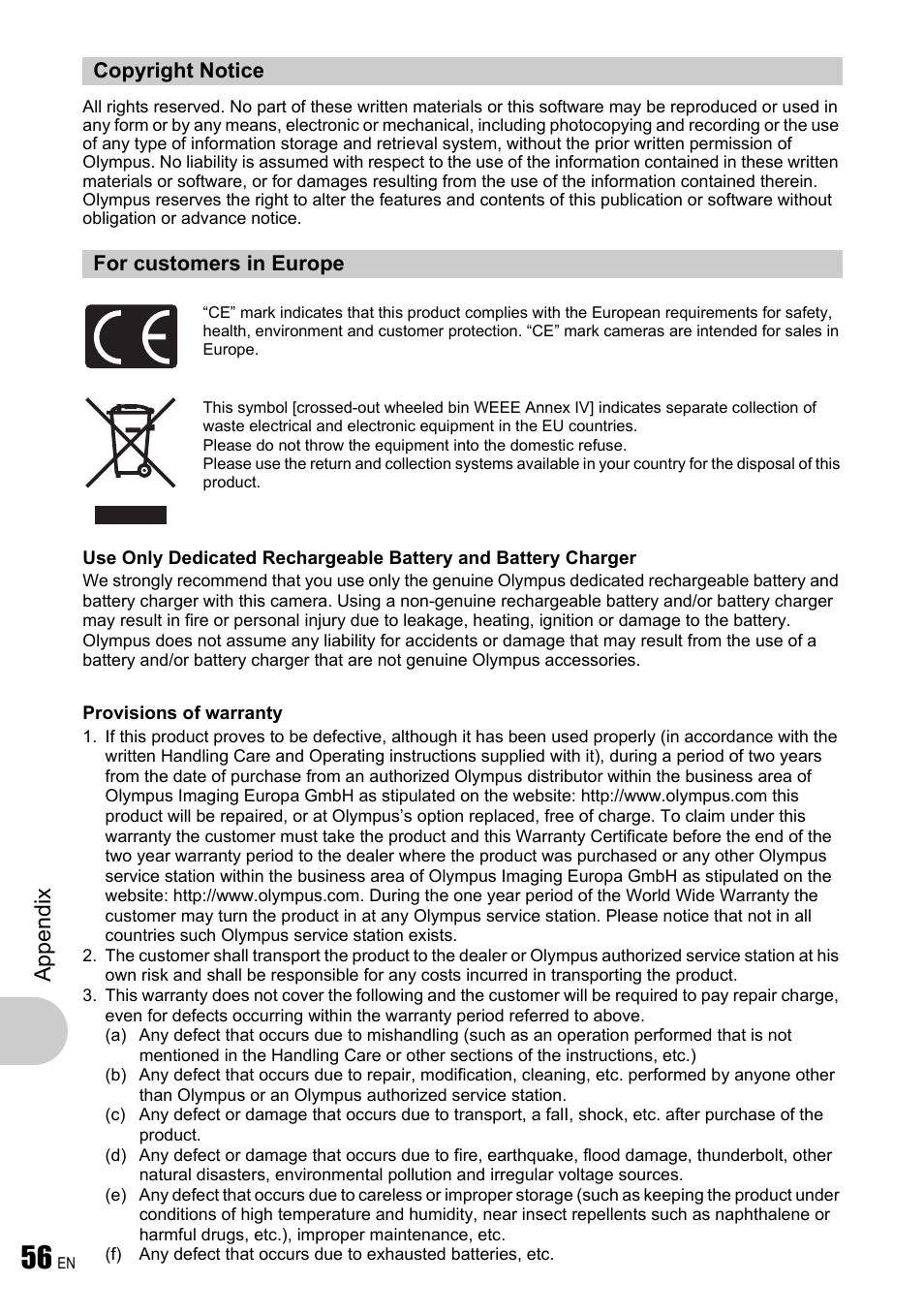 Copyright notice, For customers in europe, App endi x | Olympus FE-340 User Manual | Page 56 / 64