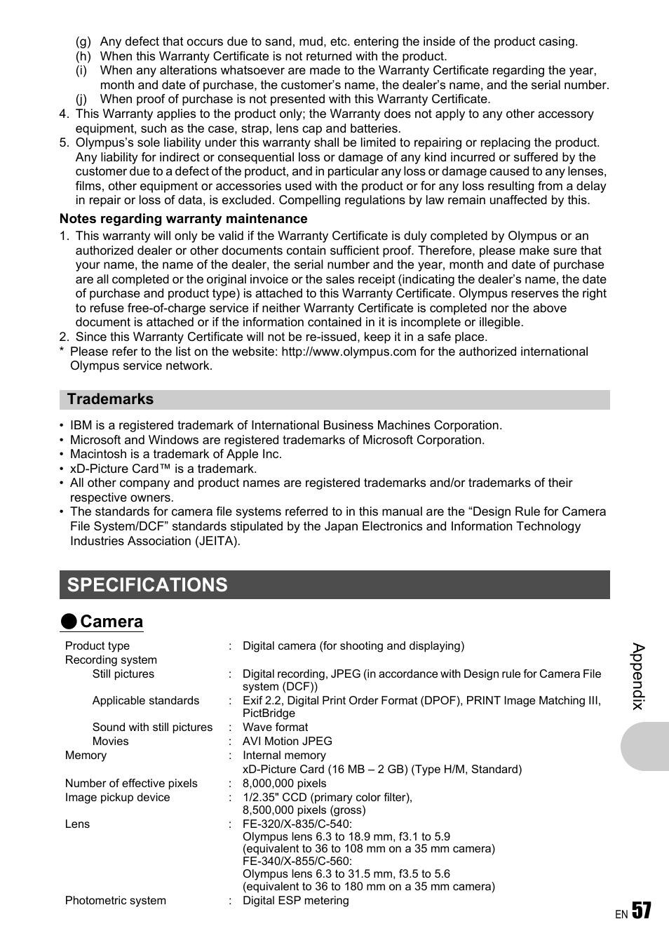 Trademarks, Specifications, Camera | Ap pend ix | Olympus FE-340 User Manual | Page 57 / 64