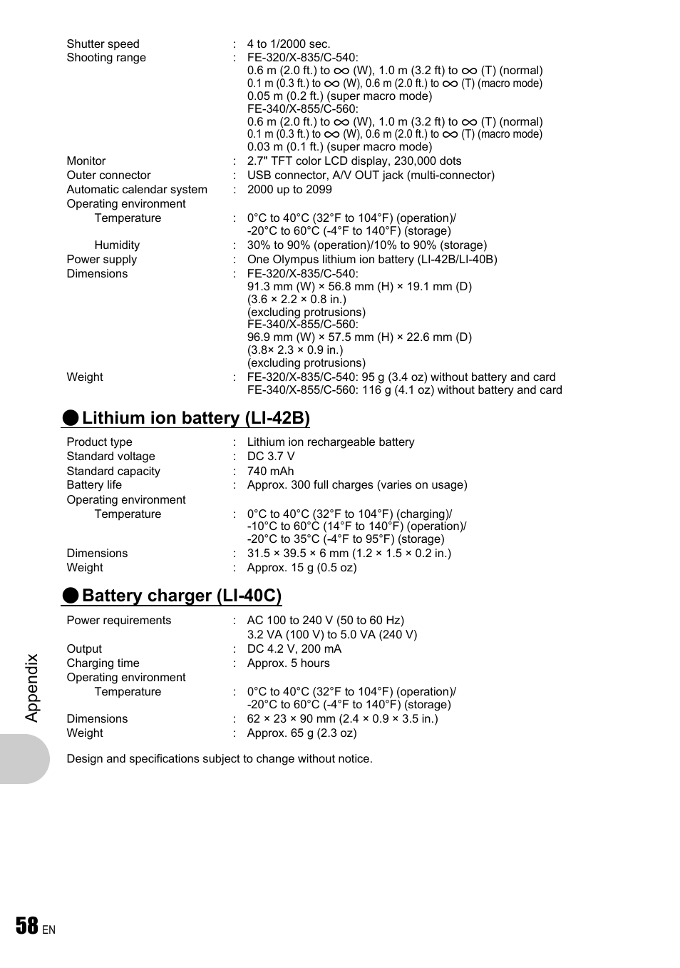 Lithium ion battery (li-42b), Battery charger (li-40c), App endi x | Olympus FE-340 User Manual | Page 58 / 64