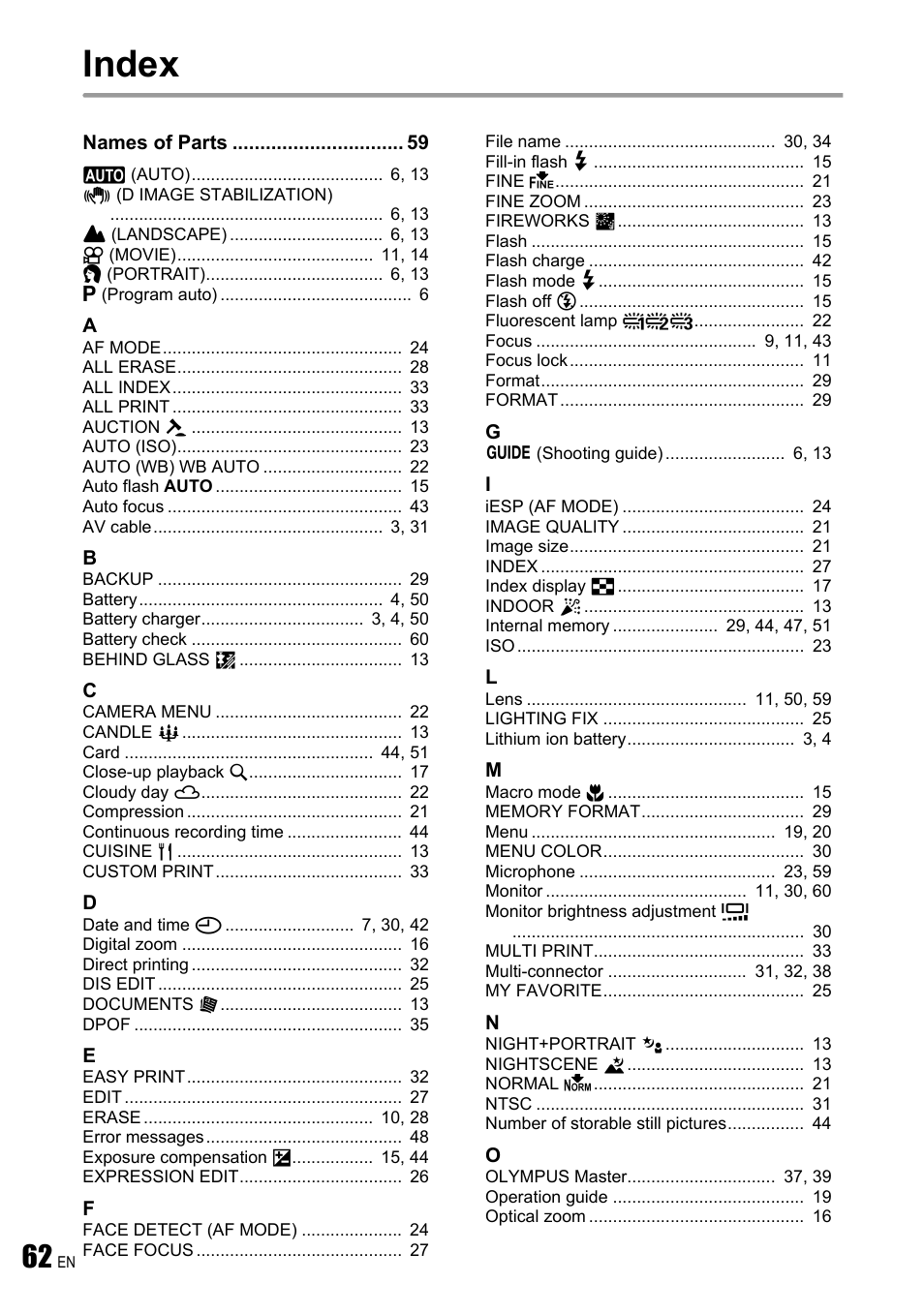 Index | Olympus FE-340 User Manual | Page 62 / 64