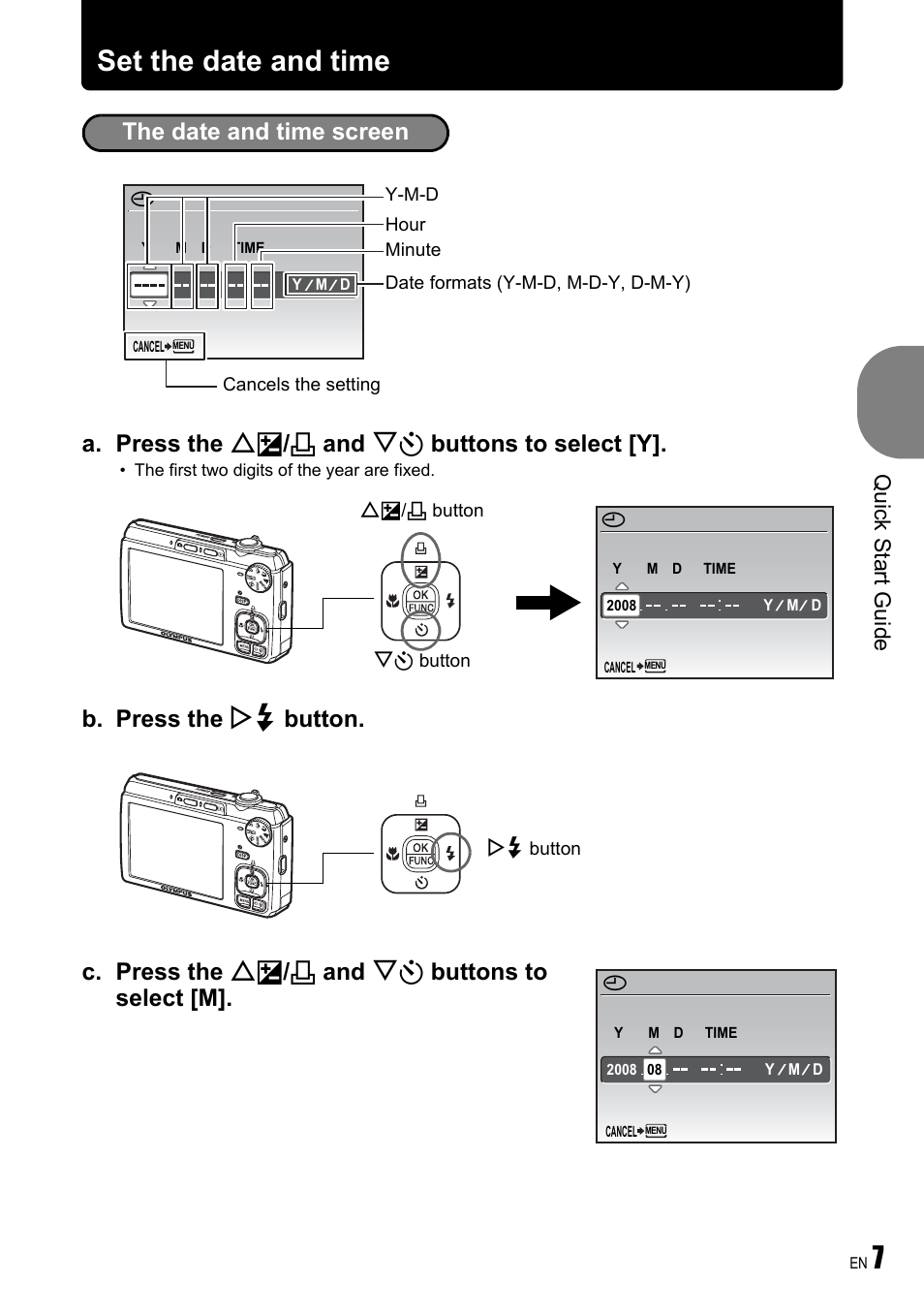 Set the date and time, A. press the of / < and ny buttons to select [y, Quick start guide | Olympus FE-340 User Manual | Page 7 / 64