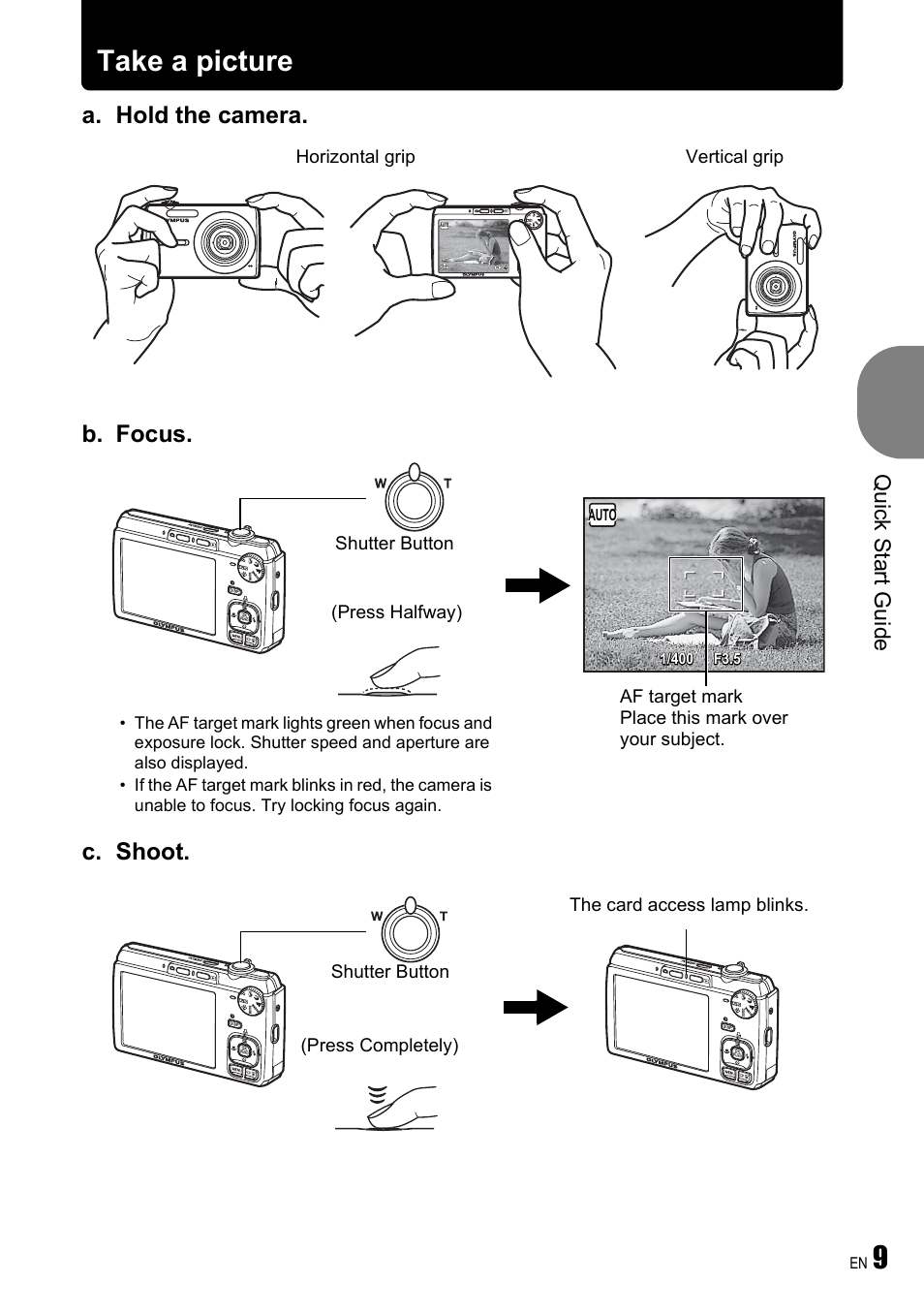 Take a picture, A. hold the camera. c. shoot, B. focus | Quick start guide, Horizontal grip vertical grip | Olympus FE-340 User Manual | Page 9 / 64