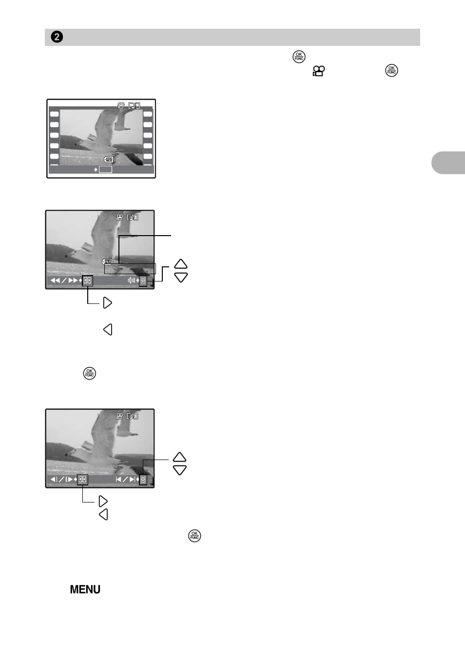 Playing back movies, Operations during movie playback, Operations during pause | 2 movie play, Men u o perat io ns 2 | Olympus 725 SW User Manual | Page 23 / 83