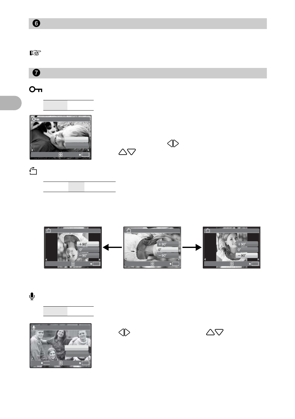Making print reservations (dpof), Playback menu, Protecting pictures | Rotating pictures, Adding sound to still pictures, 6 print order, 7 playback menu 0, Menu o perat ion s 2 | Olympus 725 SW User Manual | Page 26 / 83