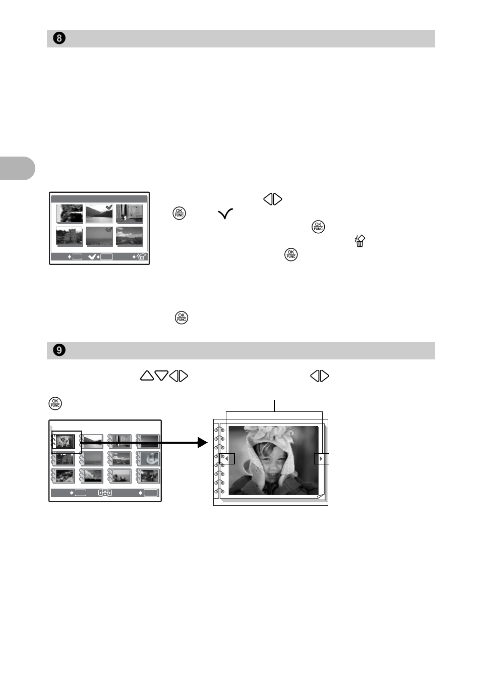 Erase selected pictures/erase all pictures, Erase by selecting the single-frame, See the pictures registered in the album | 8 erase, Sel. image, All erase, 9 album, Menu o perat ion s 2 | Olympus 725 SW User Manual | Page 28 / 83