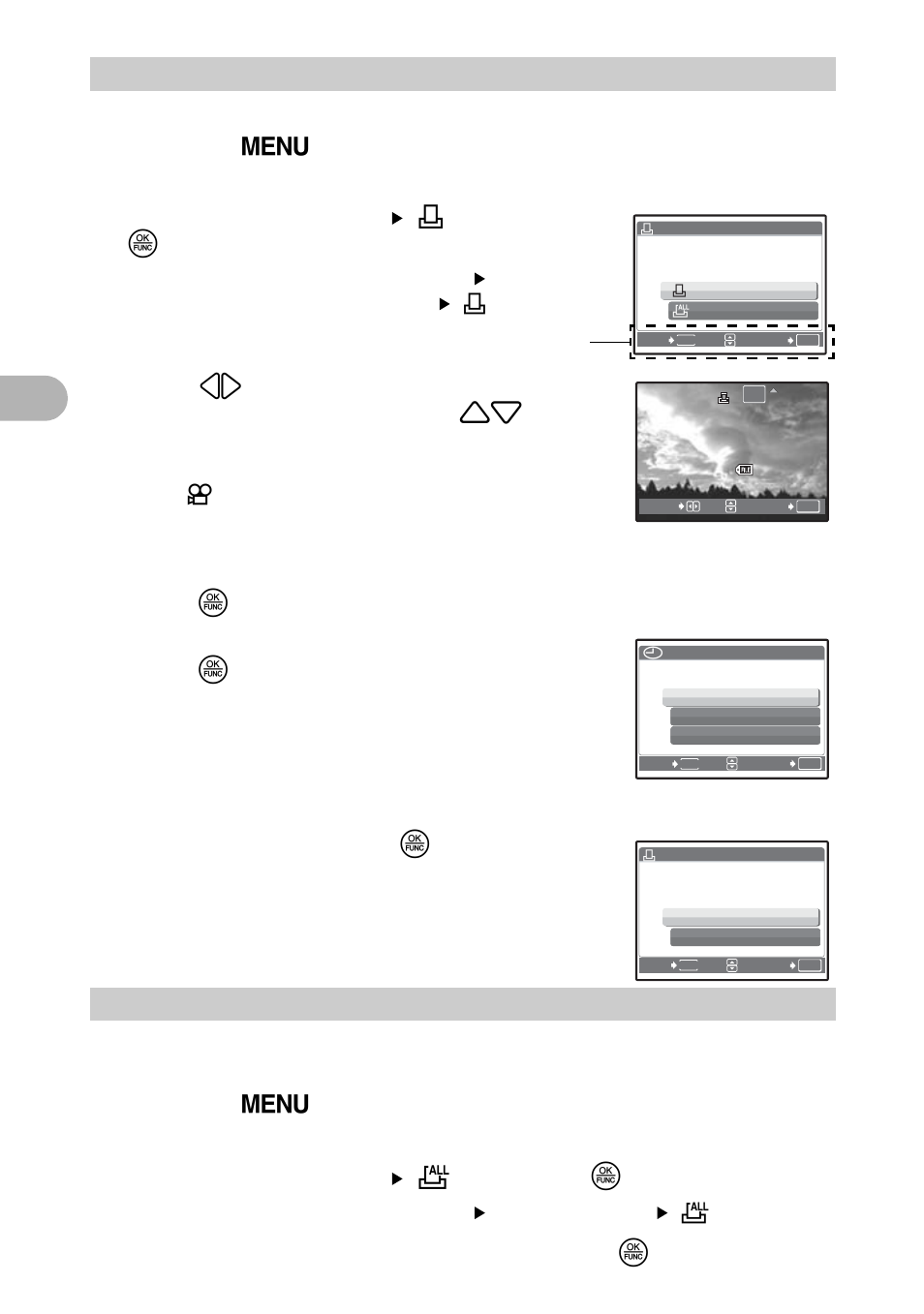 Single-frame reservation, All-frame reservation, Select [print order] [ < ], and press o | When you finish making print reservations, press o, Select [set], and press o, Select [print order] [ u ], and press o, Pri nt ing p ict ures 3 | Olympus 725 SW User Manual | Page 44 / 83