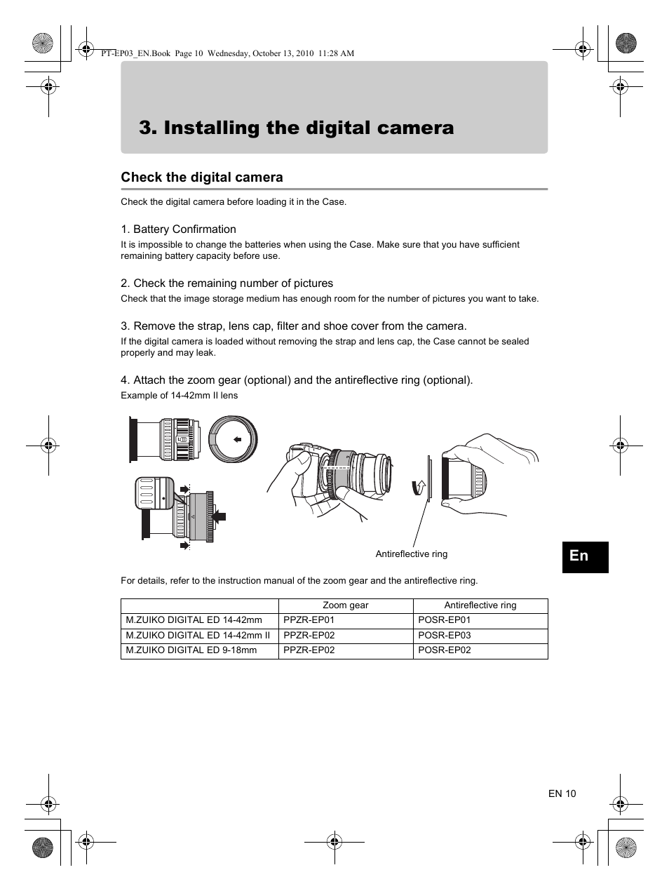 Installing the digital camera, Check the digital camera | Olympus PT-EP03 User Manual | Page 11 / 24
