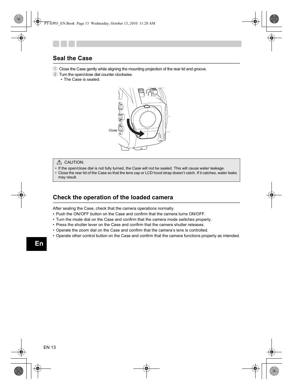 Seal the case, Check the operation of the loaded camera | Olympus PT-EP03 User Manual | Page 14 / 24