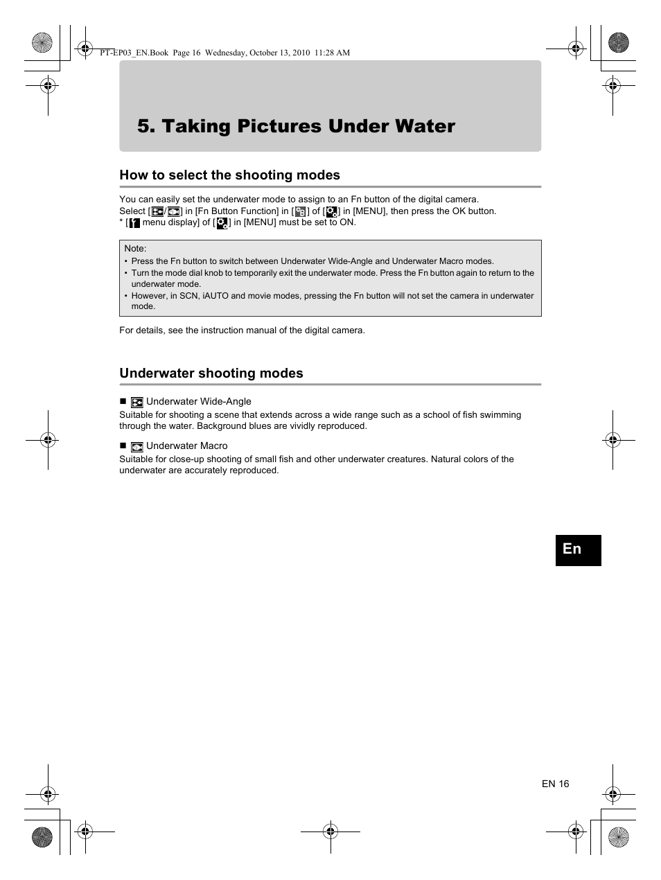 Taking pictures under water, How to select the shooting modes, Underwater shooting modes | Olympus PT-EP03 User Manual | Page 17 / 24