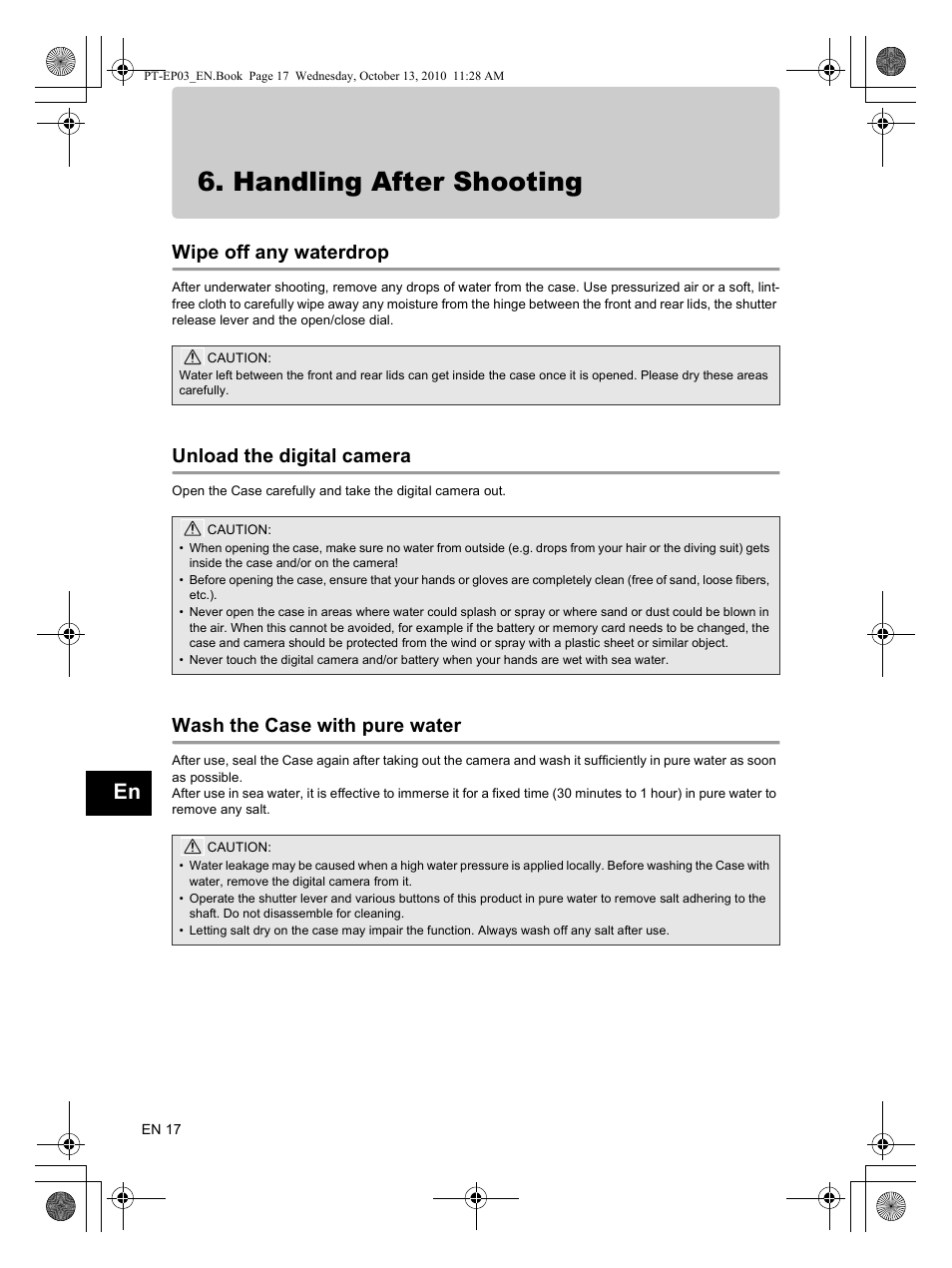 Handling after shooting, Wipe off any waterdrop, Unload the digital camera | Wash the case with pure water | Olympus PT-EP03 User Manual | Page 18 / 24
