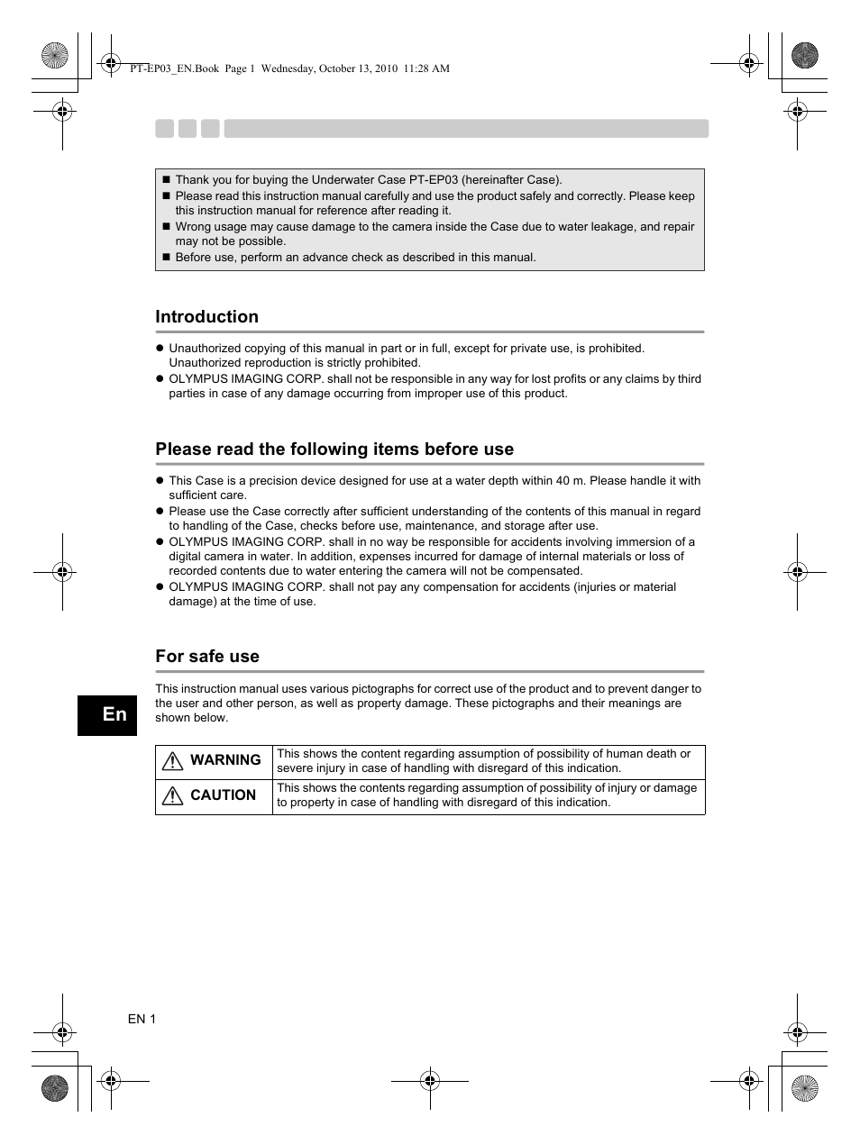 Introduction, Please read the following items before use, For safe use | Olympus PT-EP03 User Manual | Page 2 / 24