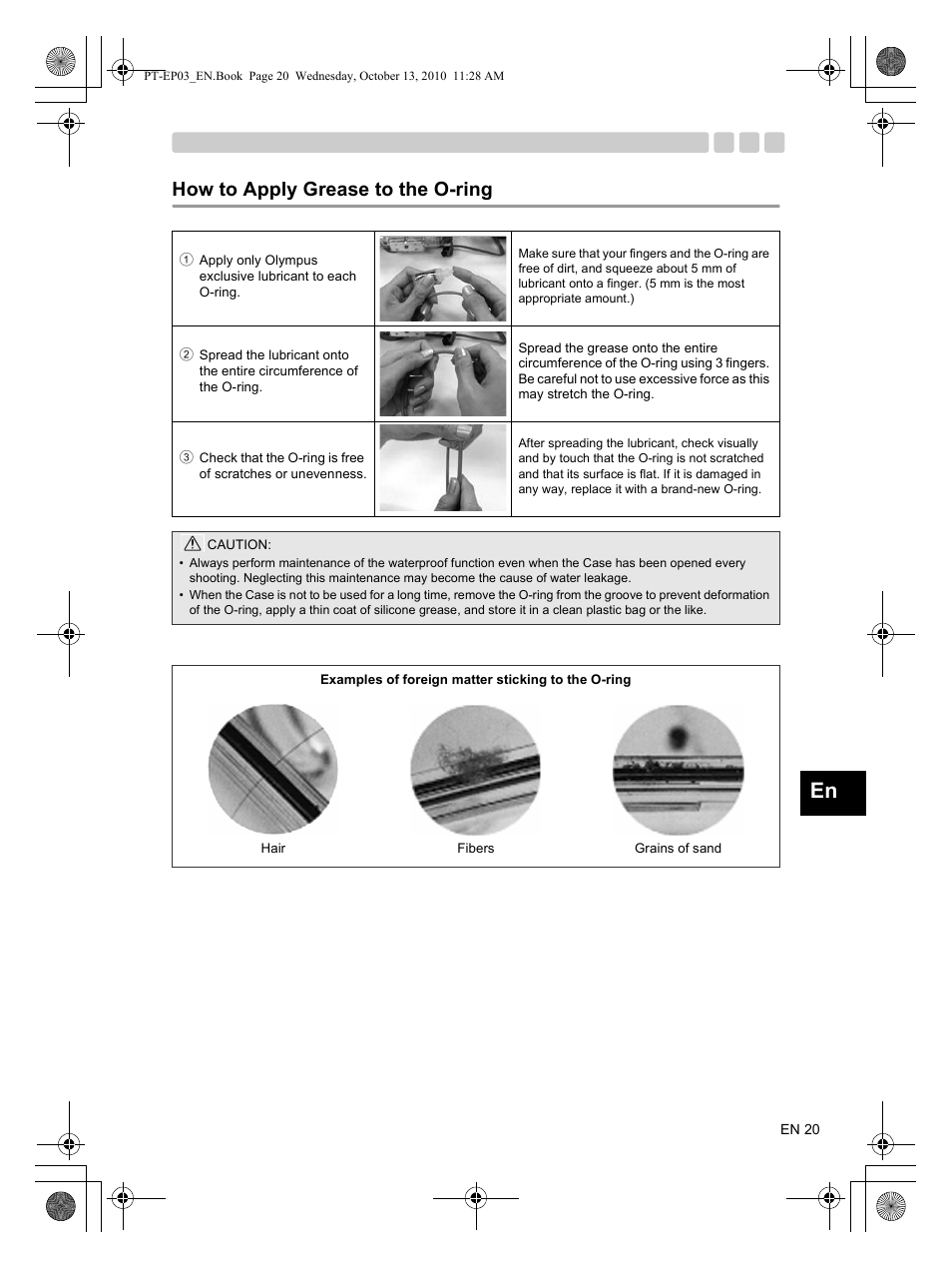 How to apply grease to the o-ring | Olympus PT-EP03 User Manual | Page 21 / 24