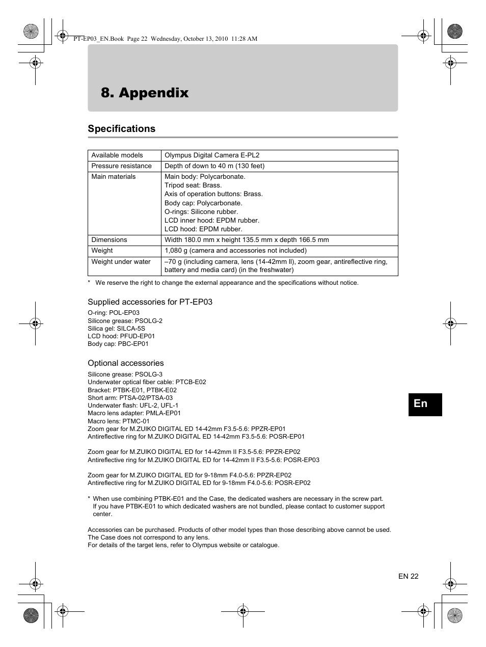 Appendix, Specifications | Olympus PT-EP03 User Manual | Page 23 / 24