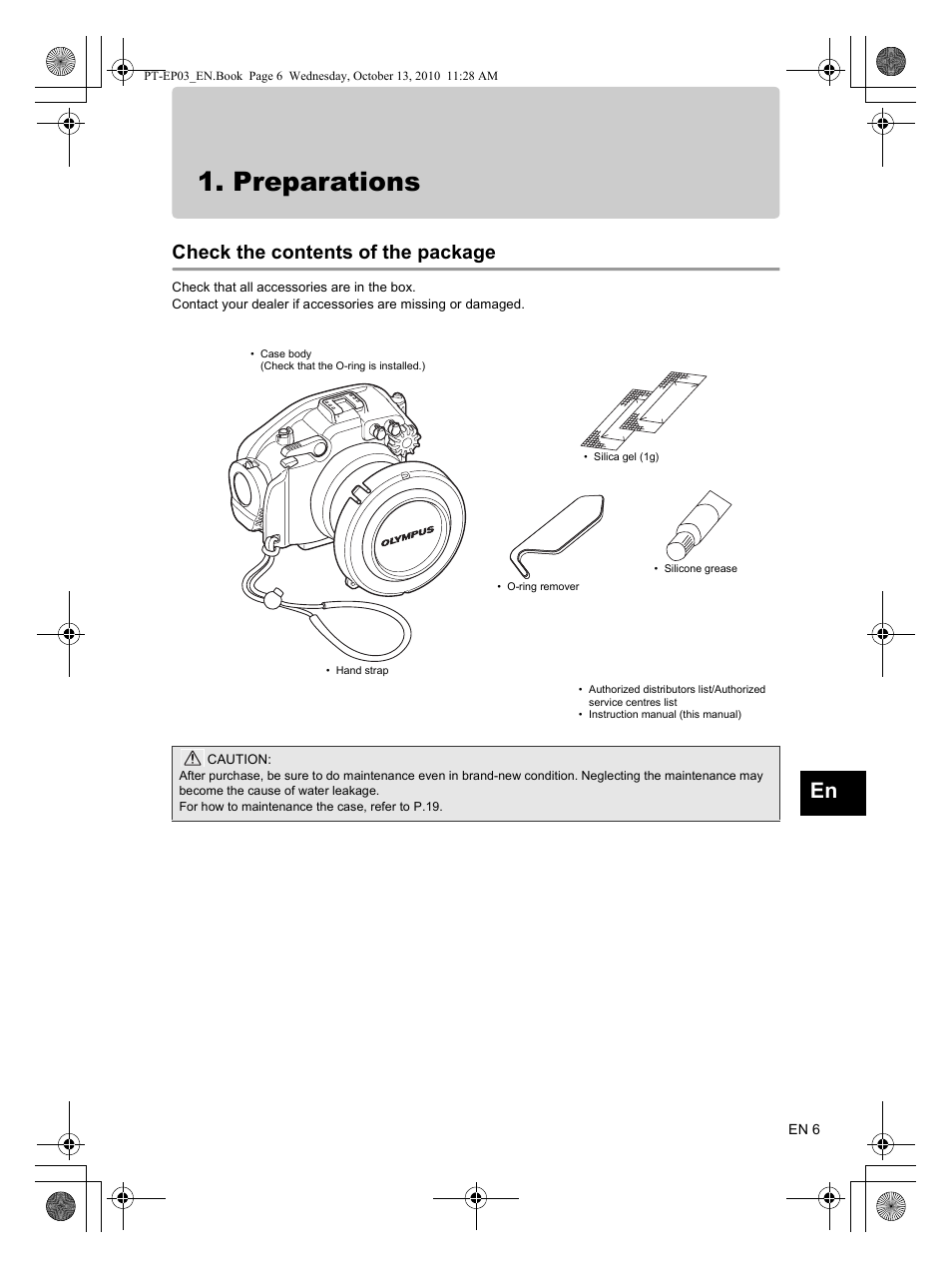 Preparations, Check the contents of the package | Olympus PT-EP03 User Manual | Page 7 / 24