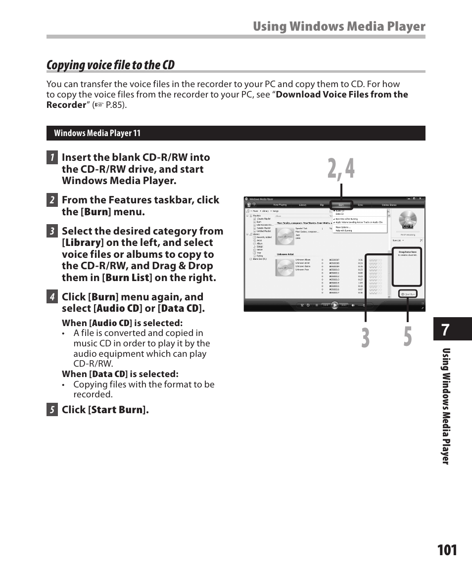 Copying voice file to the cd | Olympus DM-550 User Manual | Page 101 / 128