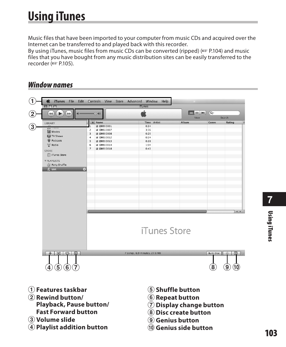Using itunes, Window names | Olympus DM-550 User Manual | Page 103 / 128