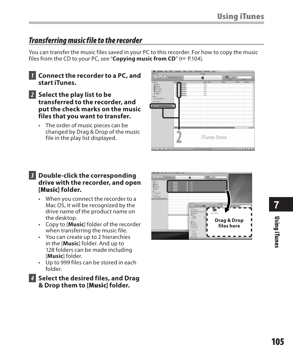 Transferring music file to the recorder, Using itunes | Olympus DM-550 User Manual | Page 105 / 128