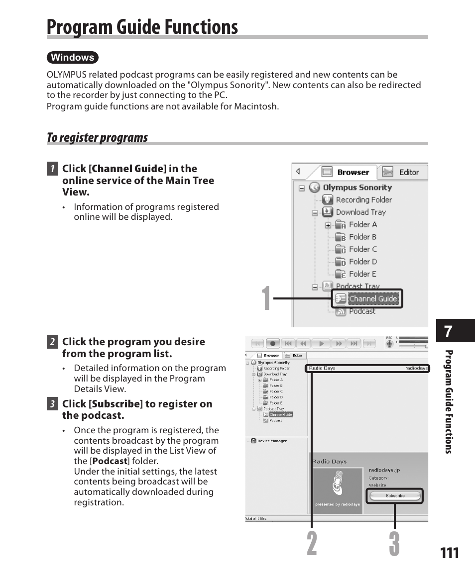 Program guide functions, To register programs | Olympus DM-550 User Manual | Page 111 / 128