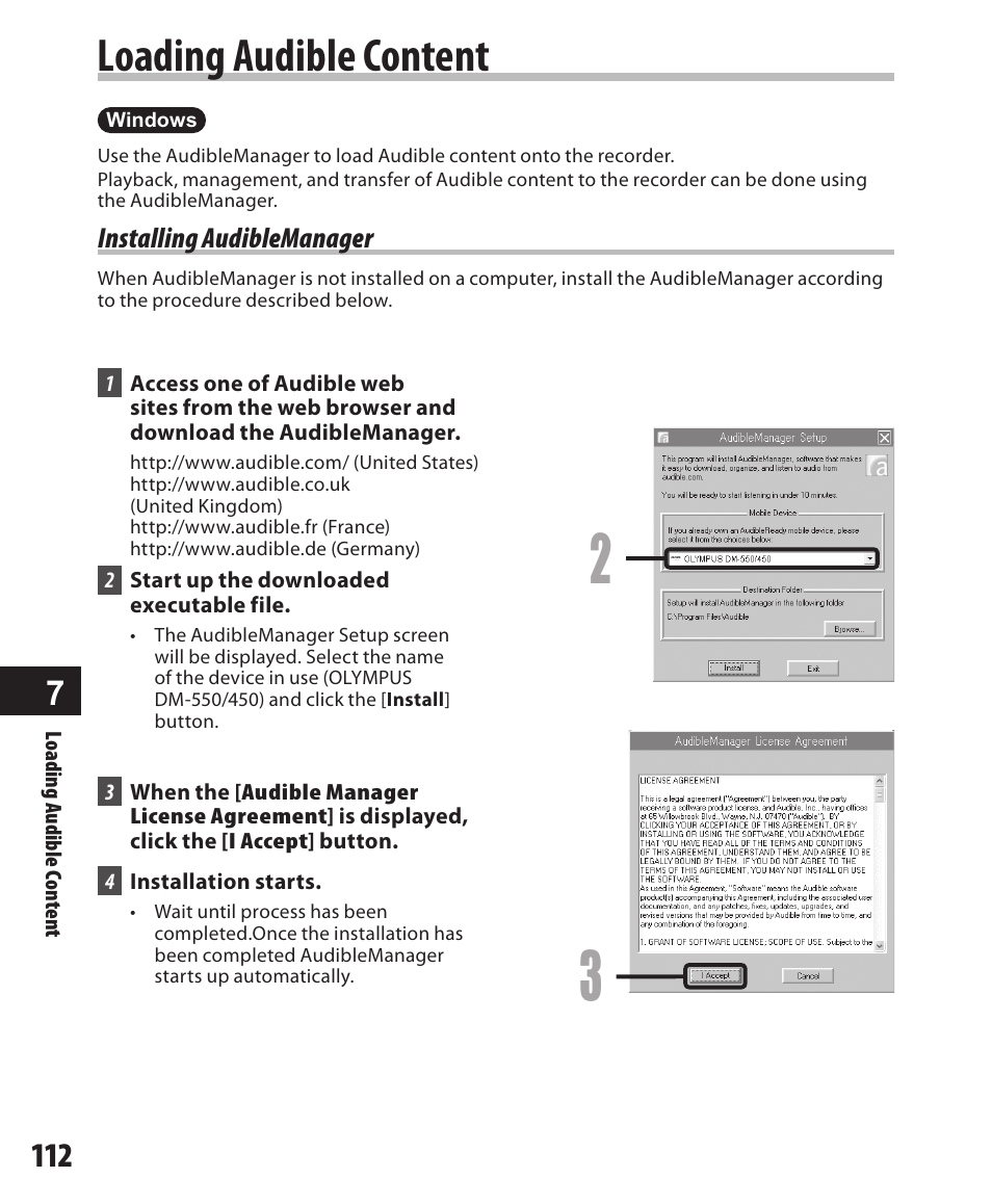 Loading audible content, Installing audiblemanager | Olympus DM-550 User Manual | Page 112 / 128