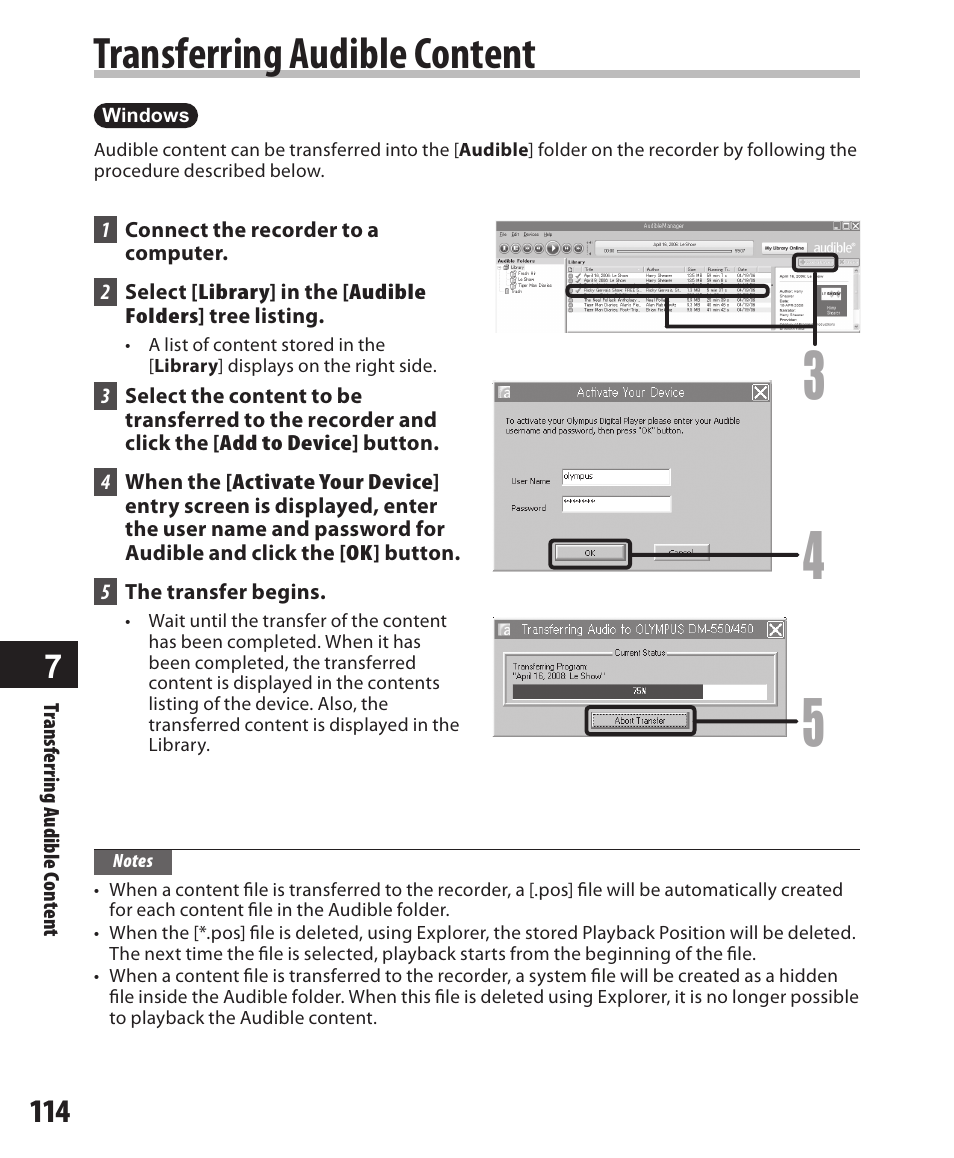 Transferring audible content | Olympus DM-550 User Manual | Page 114 / 128