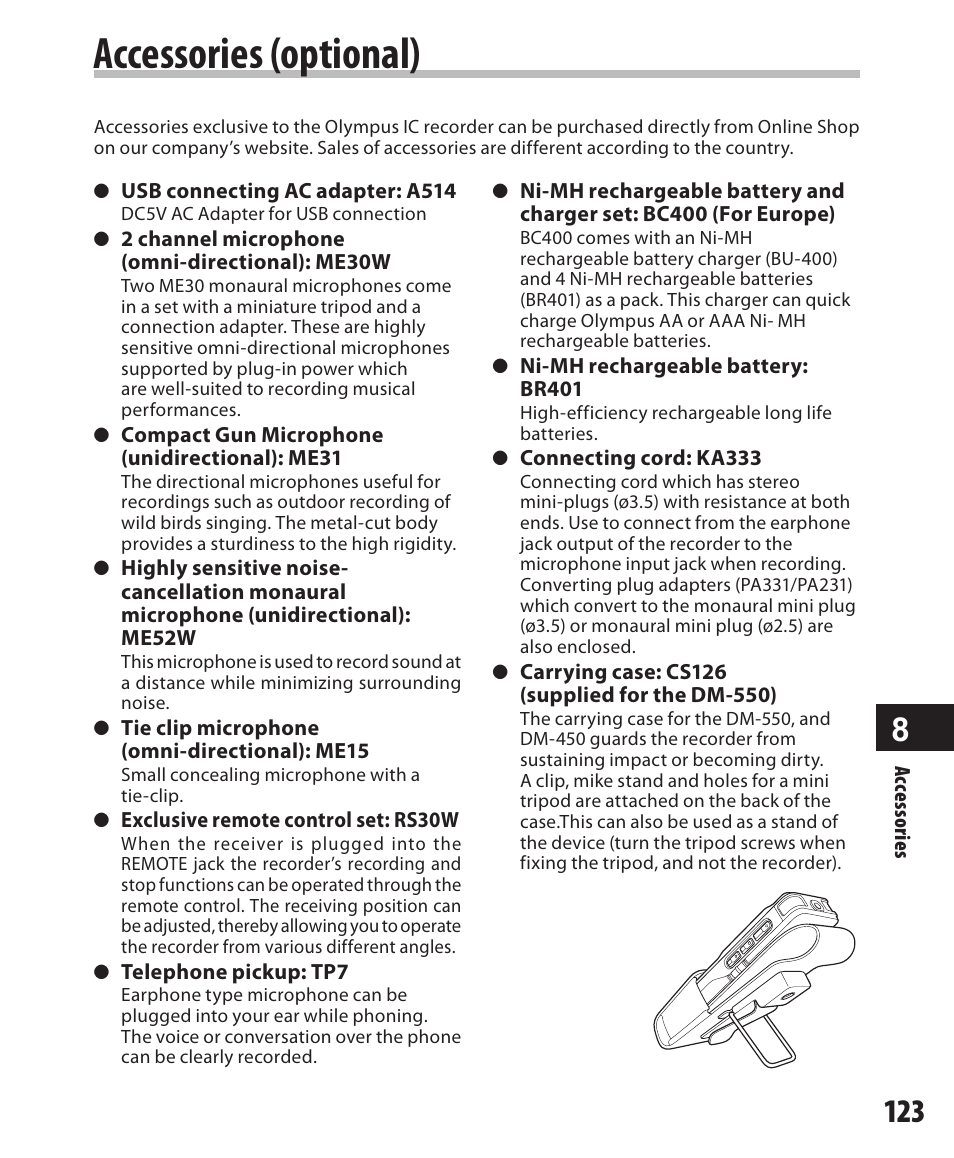 Accessories (optional) | Olympus DM-550 User Manual | Page 123 / 128