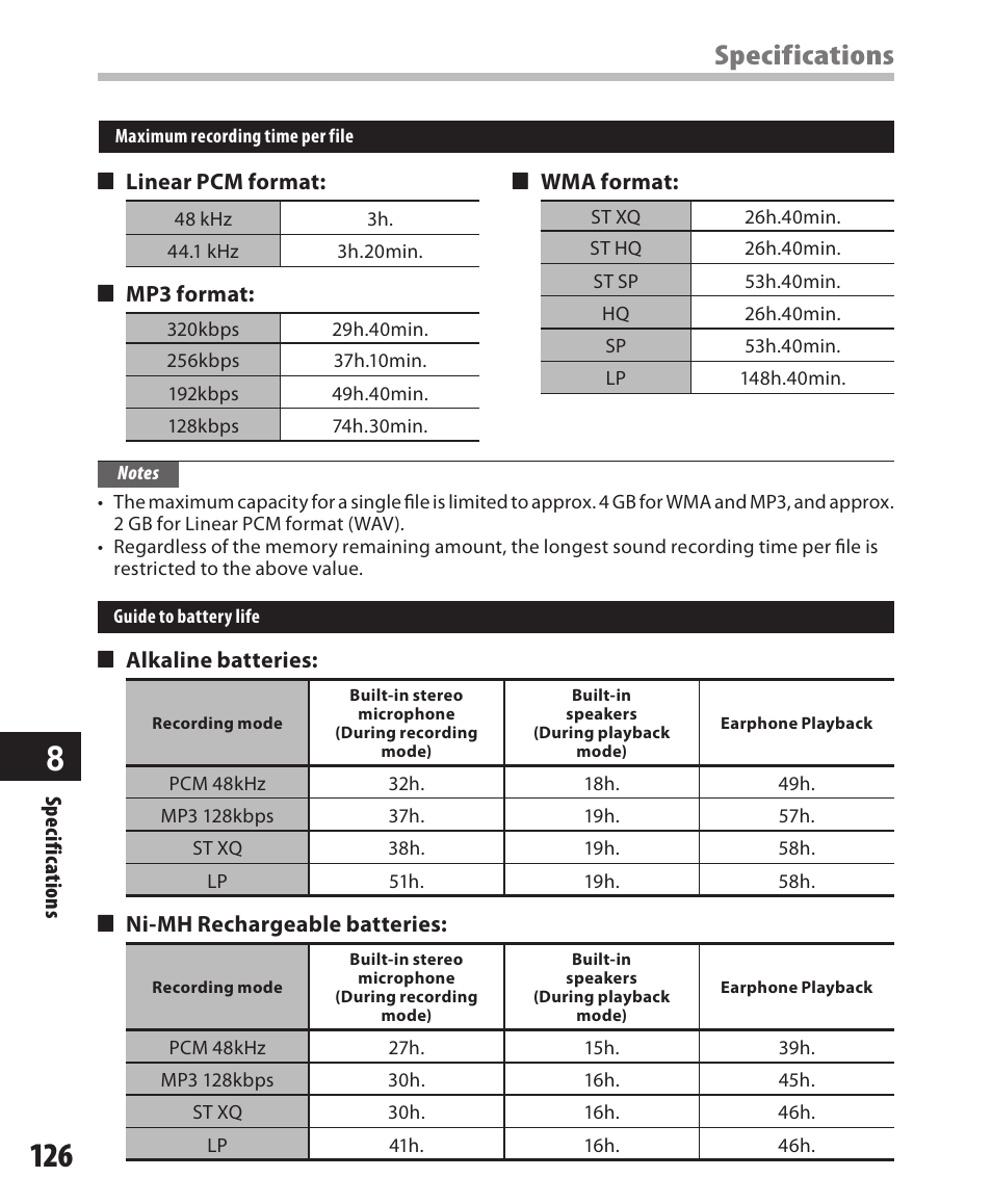 Specifications | Olympus DM-550 User Manual | Page 126 / 128