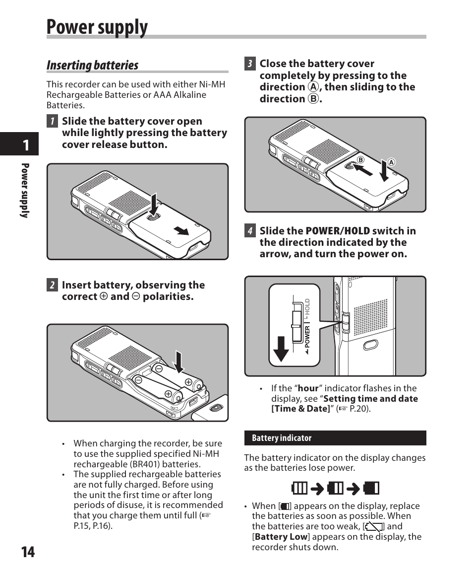 Power supply, Inserting batteries | Olympus DM-550 User Manual | Page 14 / 128