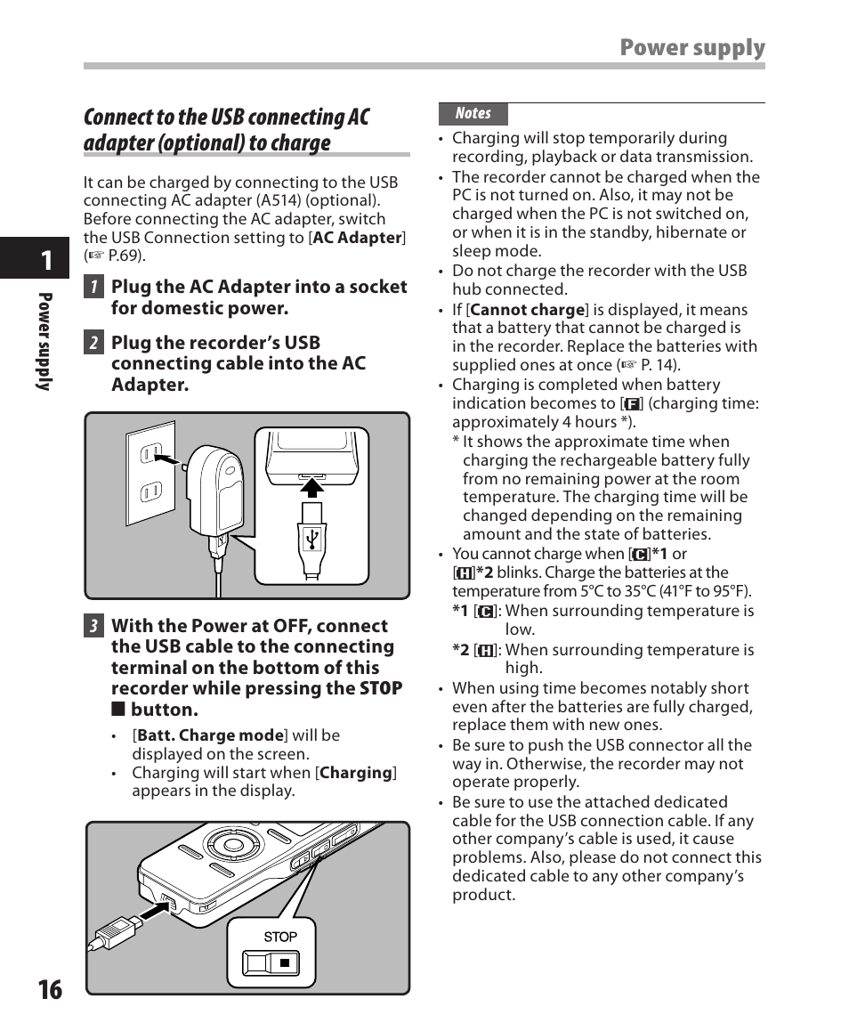 Connect to the usb connecting ac adapter, Optional) to charge, Power supply | Olympus DM-550 User Manual | Page 16 / 128