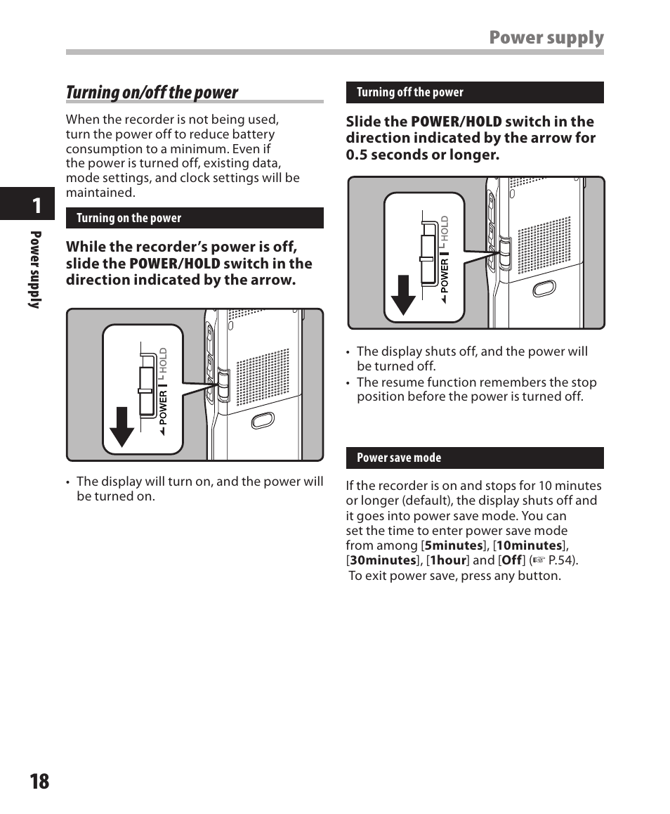 Turning on/off the power, Power supply | Olympus DM-550 User Manual | Page 18 / 128