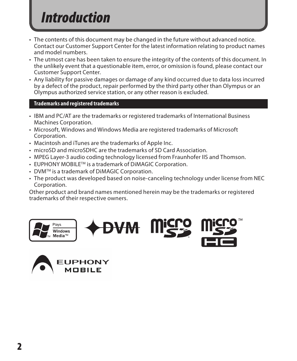 Introduction | Olympus DM-550 User Manual | Page 2 / 128