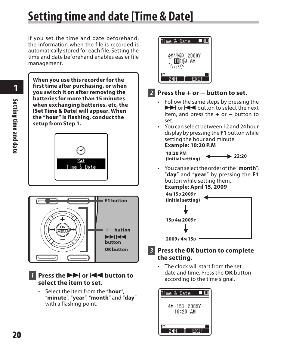 Setting time and date [time & date | Olympus DM-550 User Manual | Page 20 / 128