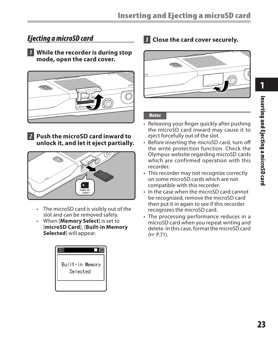 Ejecting a microsd card, Inserting and ejecting a microsd card | Olympus DM-550 User Manual | Page 23 / 128