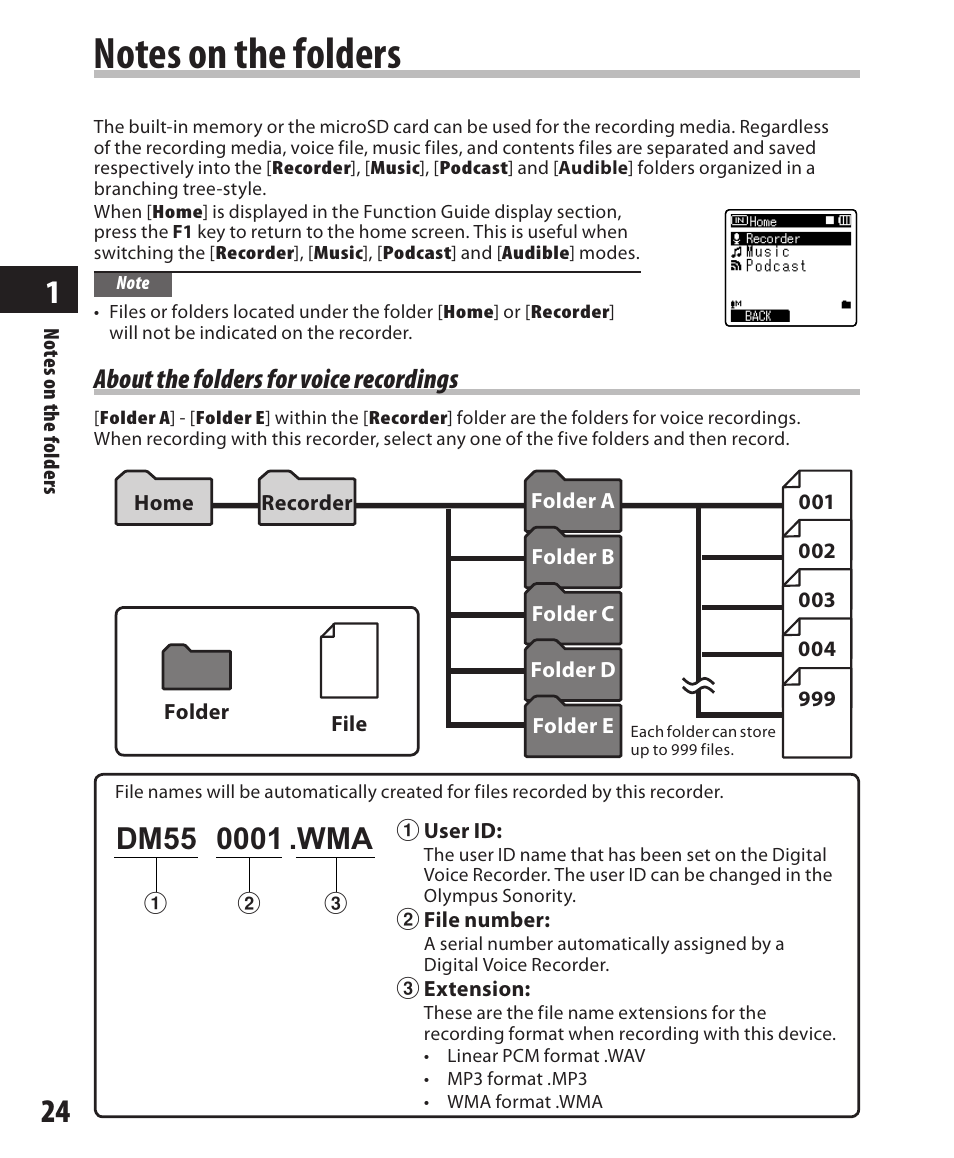 Notes on the folders, About the folders for voice recordings | Olympus DM-550 User Manual | Page 24 / 128