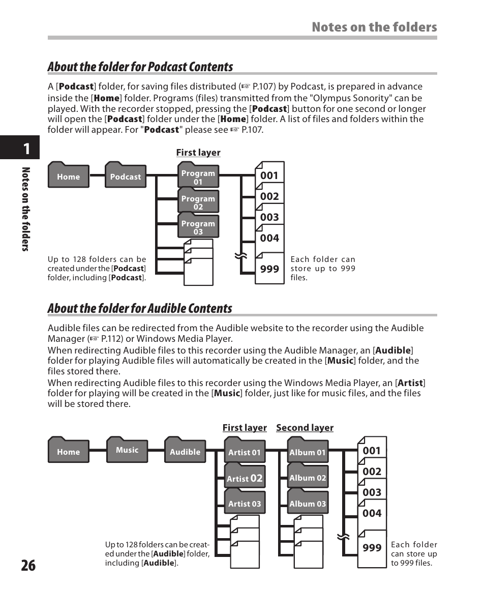 About the folder for audible contents | Olympus DM-550 User Manual | Page 26 / 128
