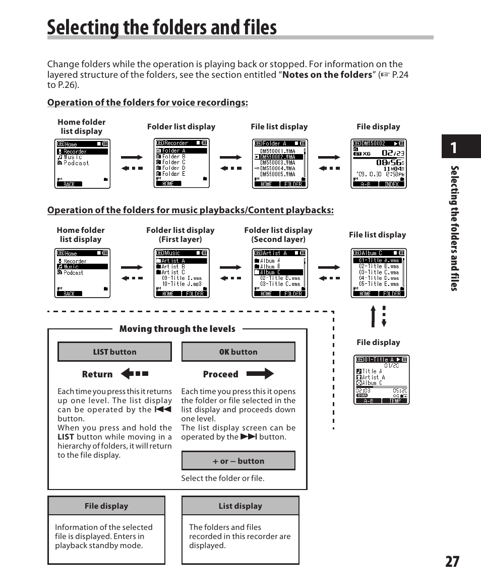 Selecting the folders and files, Se le cti ng t he f old er s a nd f ile s | Olympus DM-550 User Manual | Page 27 / 128